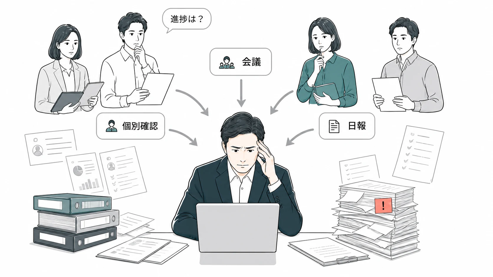 個別確認、会議、日報による状況収集に追われるマネージャー