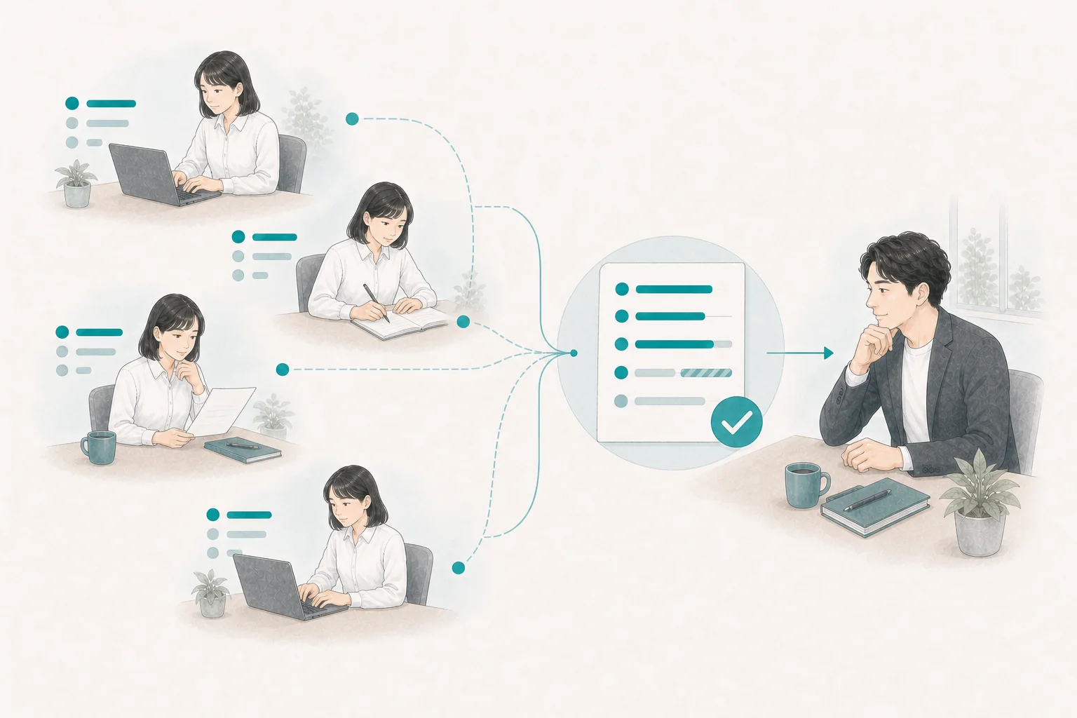 日中の業務記録から日報をまとめるメンバー